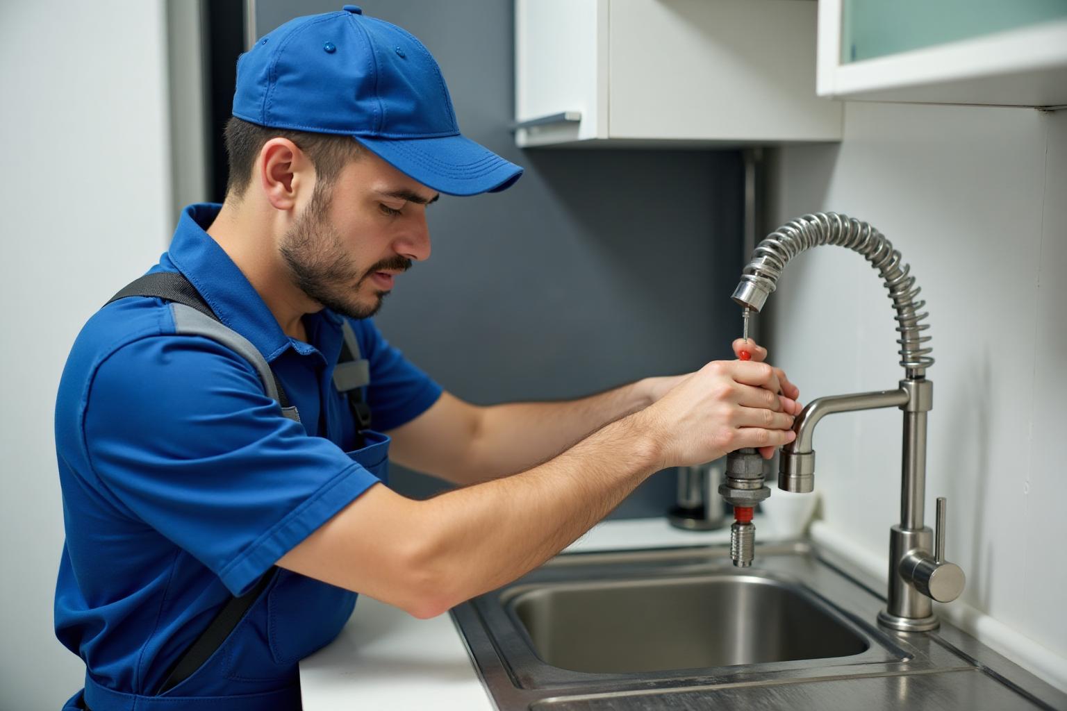Professional plumber repairing a kitchen faucet